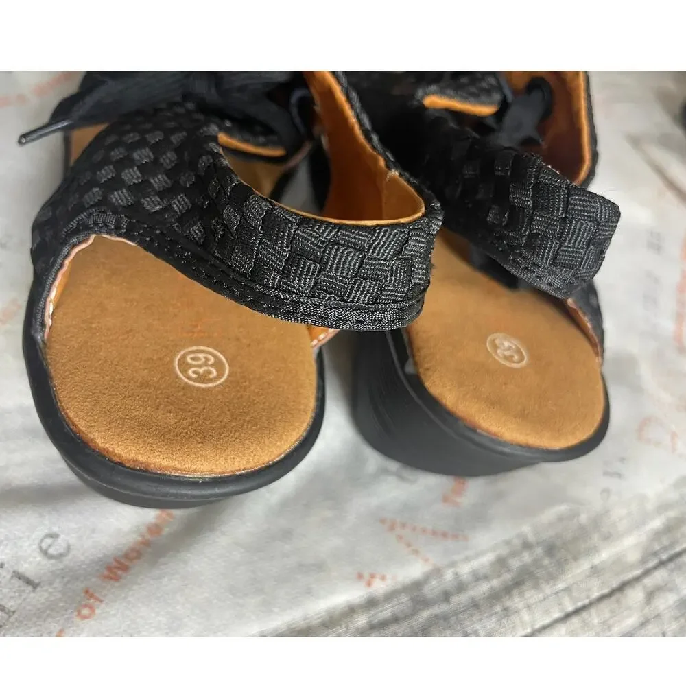 Bernie Mev Marcelo Lace Up Sandal Women 8/39 Black Boho Woven 2.75" Wedge NWOB - Picture 9 of 9